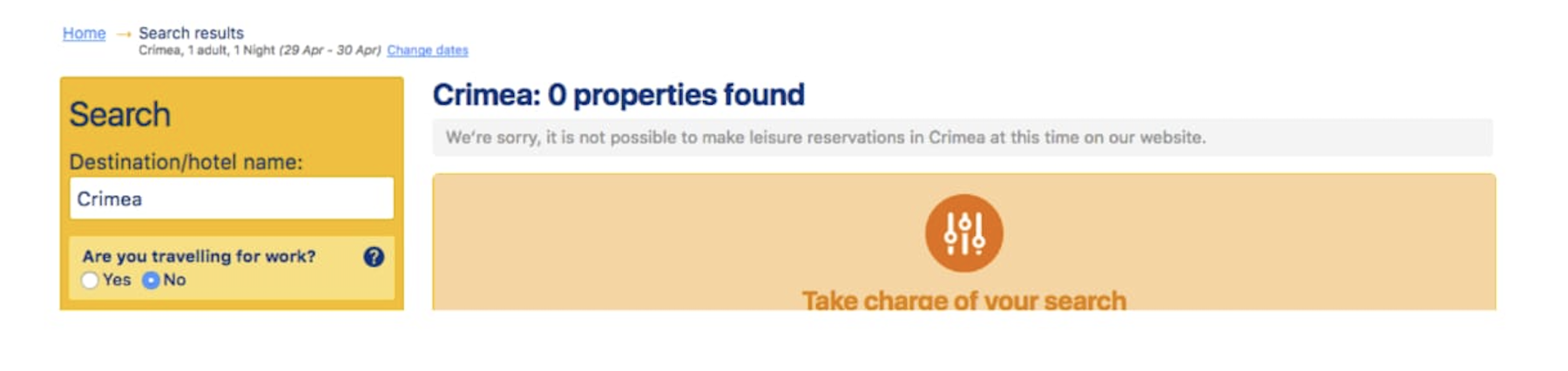 We're sorry, it is not possible to make leisure reservations in Crimea at this time on our website.